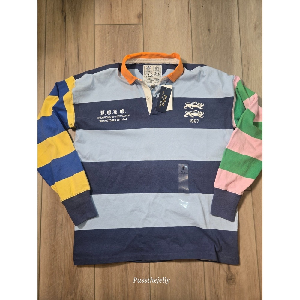 Polo Ralph Lauren Rugby Shirt Mens Medium NWT Blue Striped Colorblock England